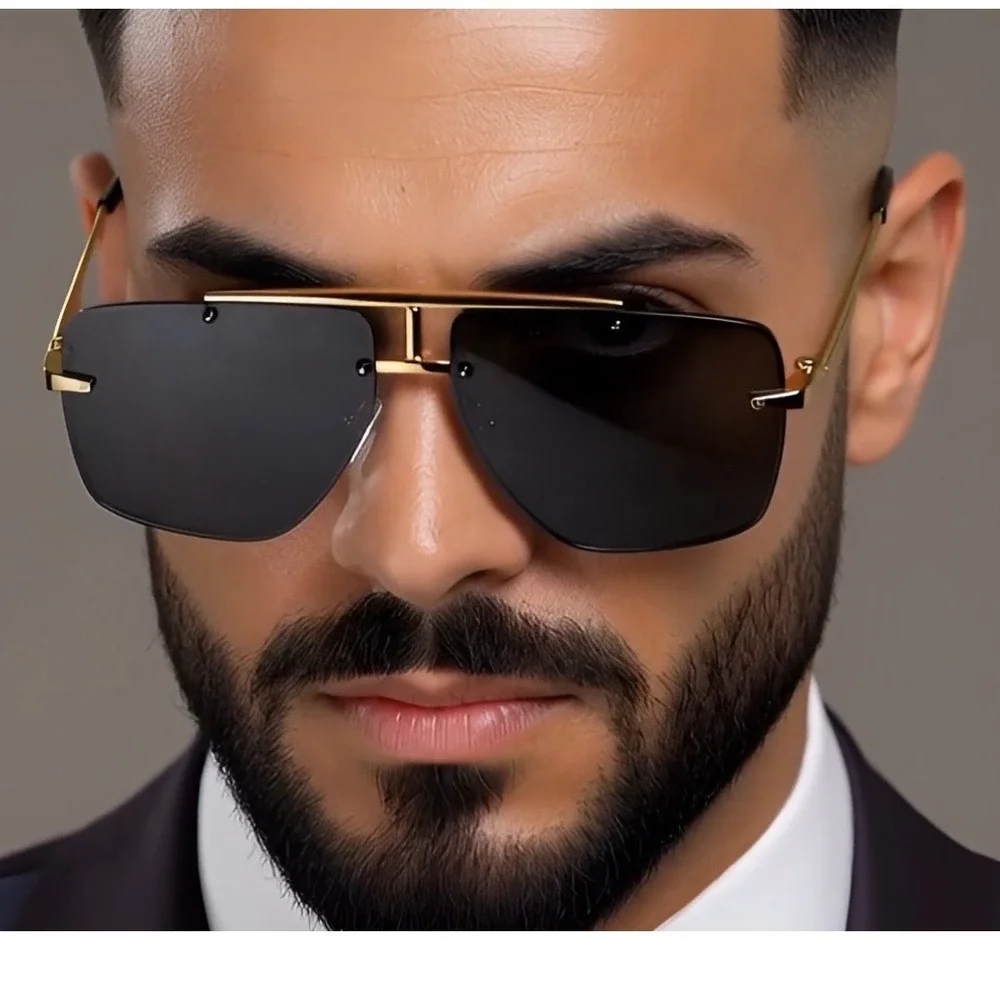 Mens Oversized Rimless Gold‎ Frame Sunglasses Dark Tint Square Lens Lentes Gafas